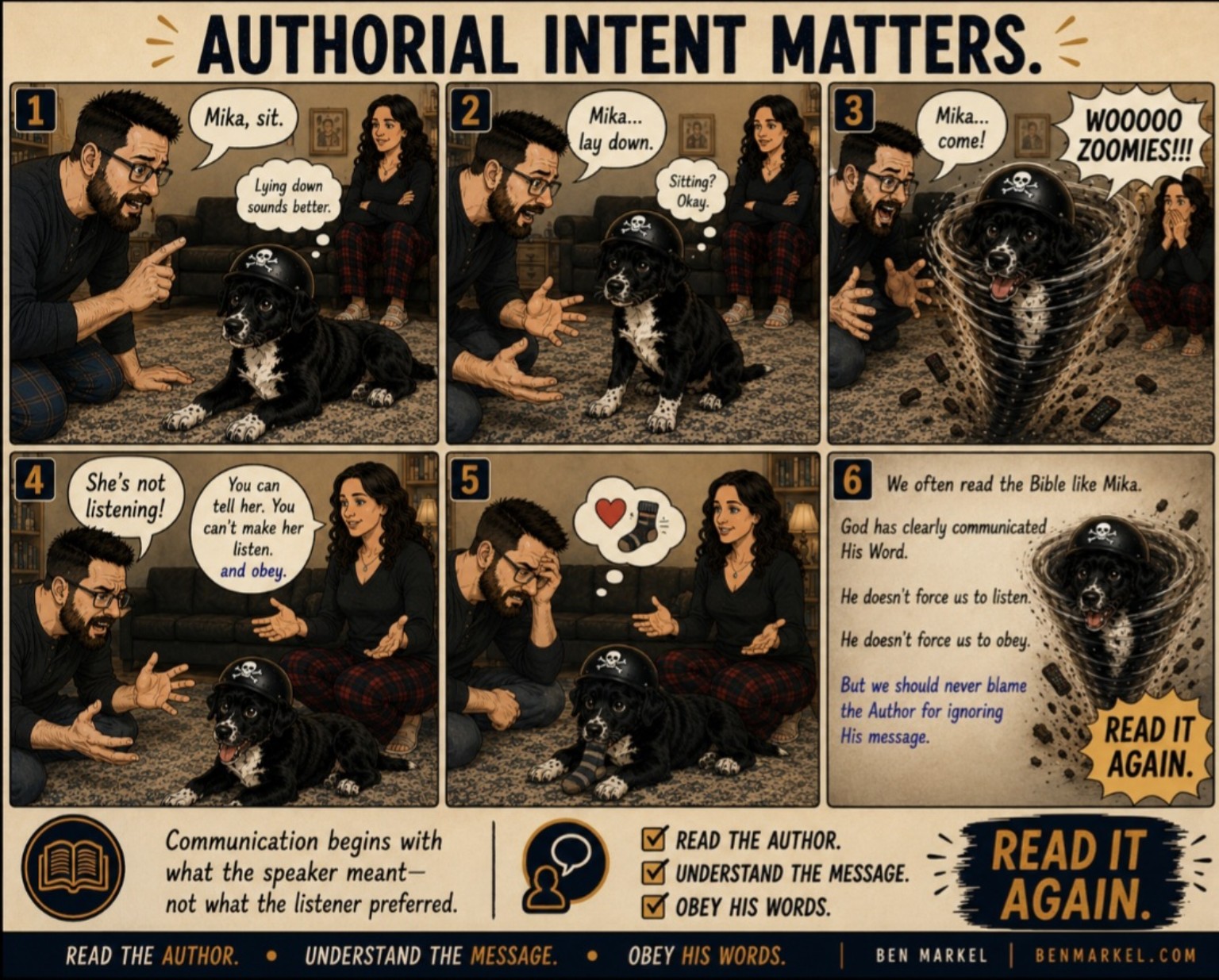 Comic illustrating authorial intent through Ben, Erika, and Mika.