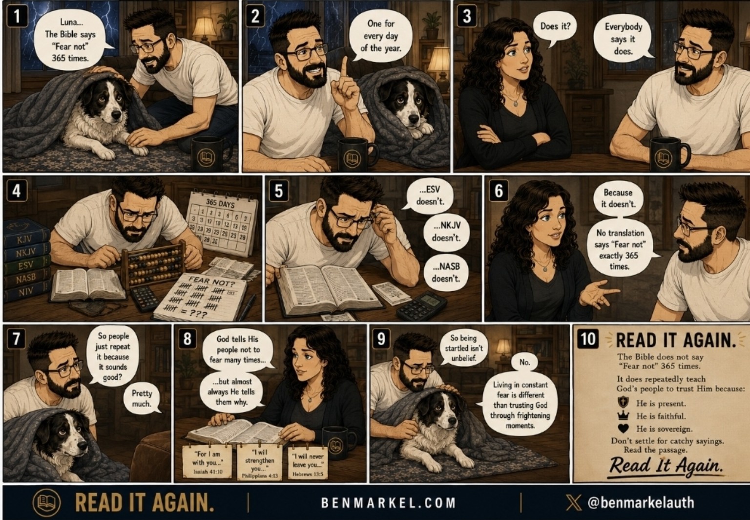 Comic investigating the claim that the Bible says fear not 365 times.