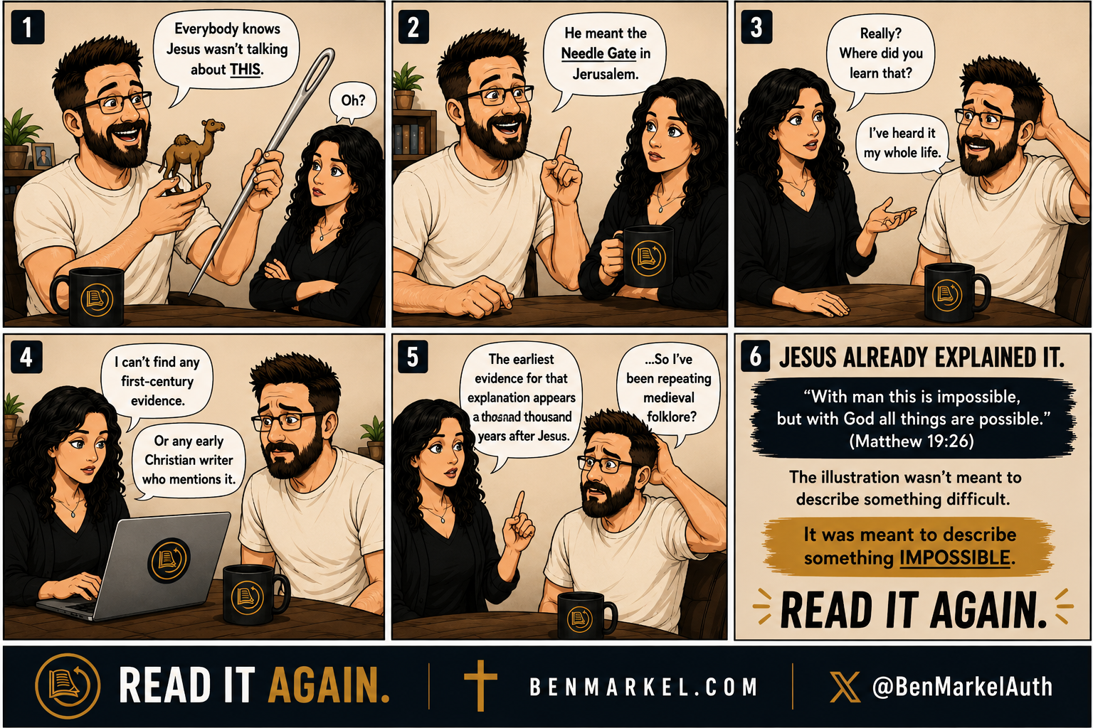 Comic examining the popular Needle Gate explanation of Matthew 19.