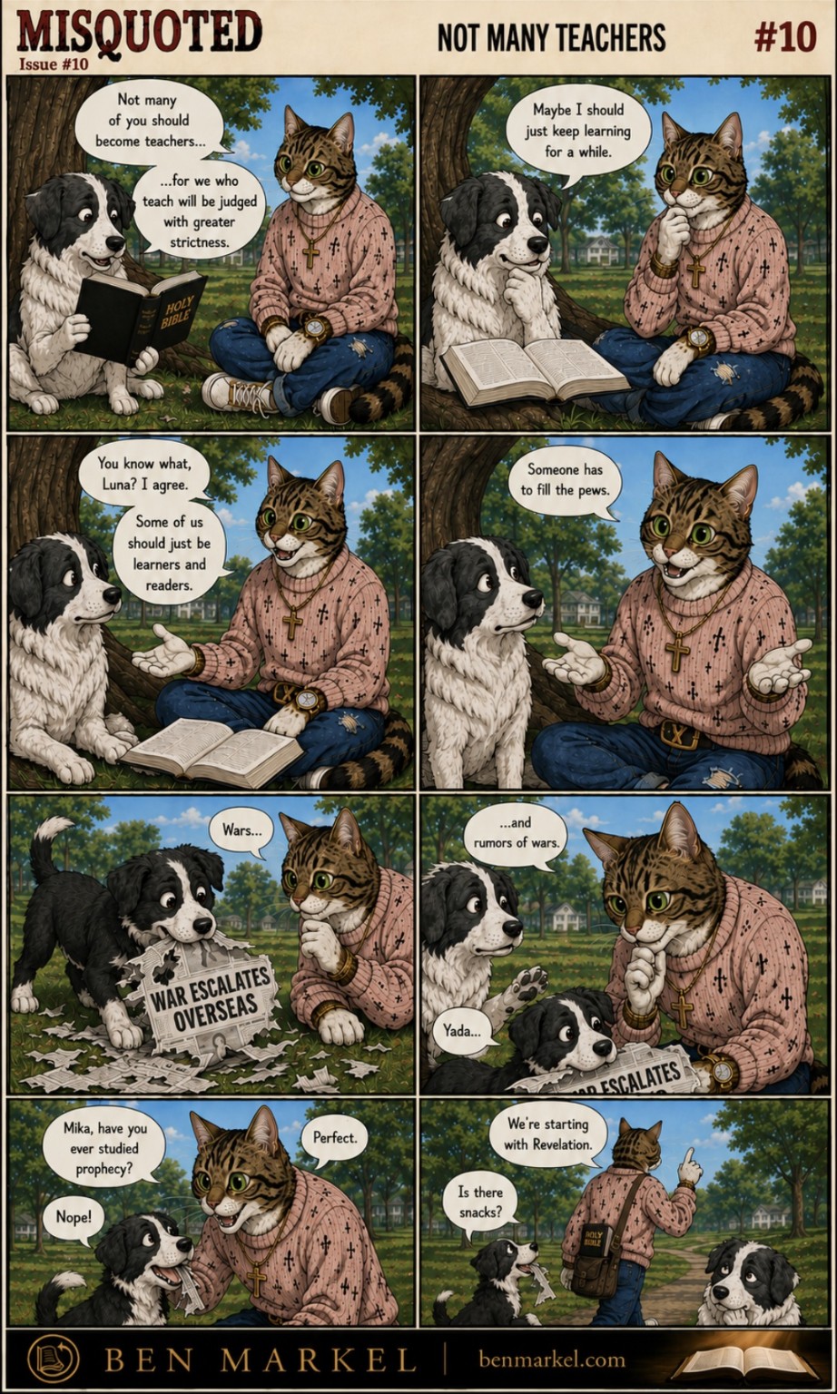 Misquoted Issue 10 Not Many Teachers comic featuring Luna, Yada, and Mika.