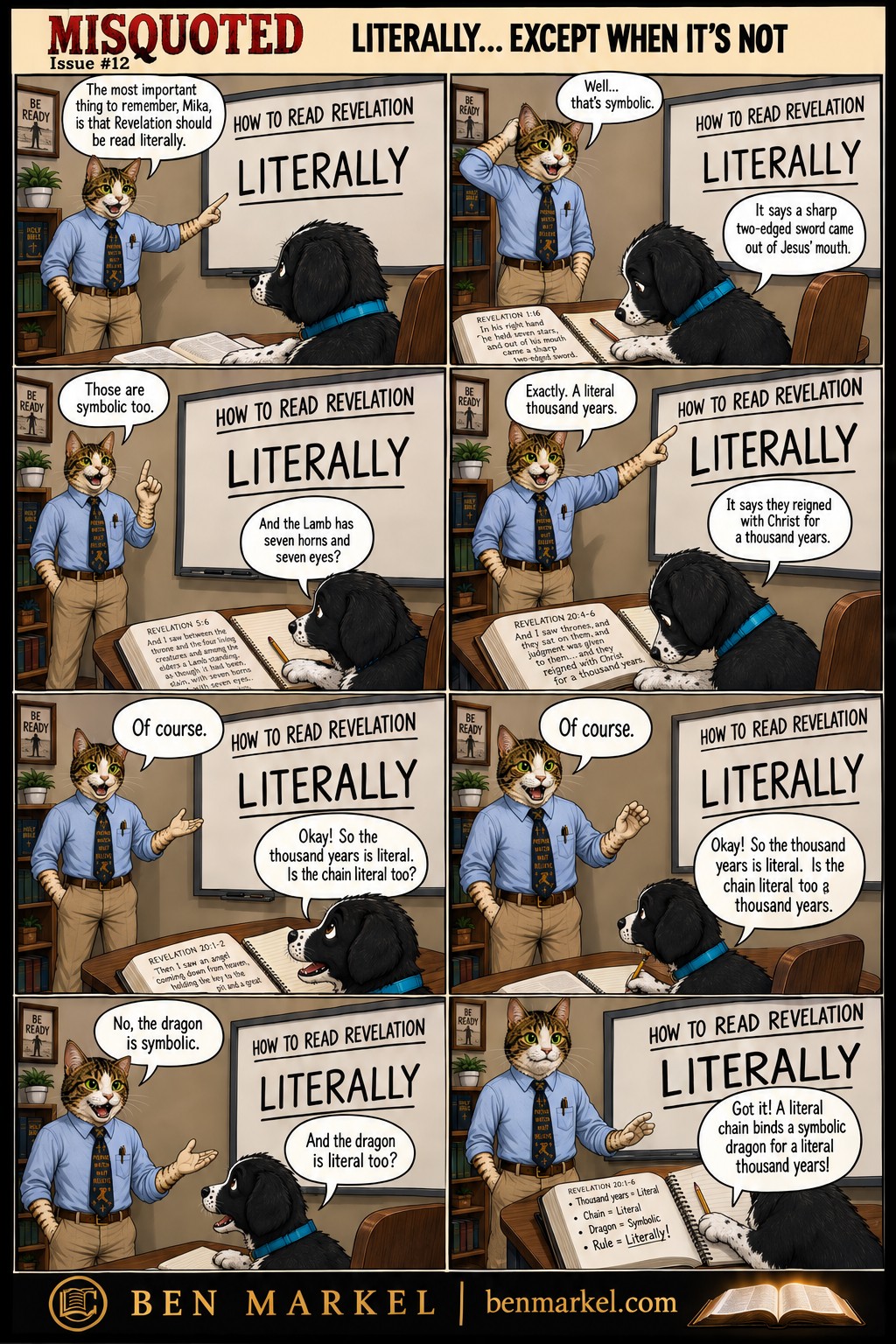 Misquoted Issue 12 Literally Except When It’s Not comic featuring Yada and Mika discussing literal interpretation of Revelation.