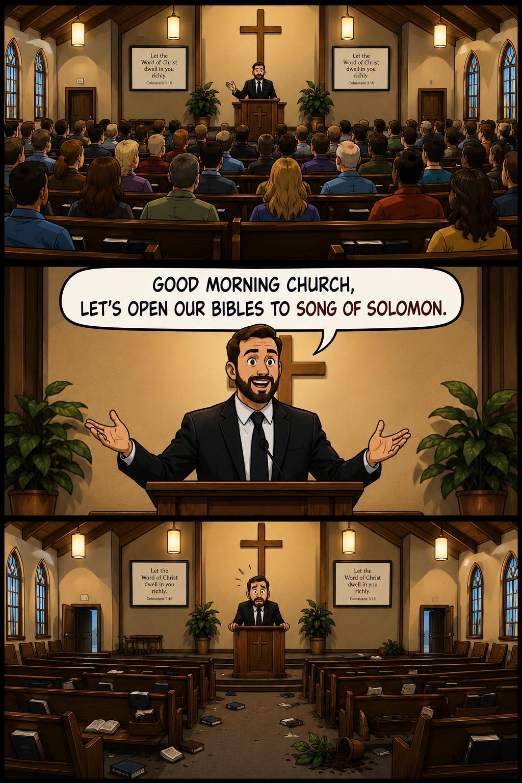 Comic illustration of a church emptying after the pastor announces a study through Song of Solomon