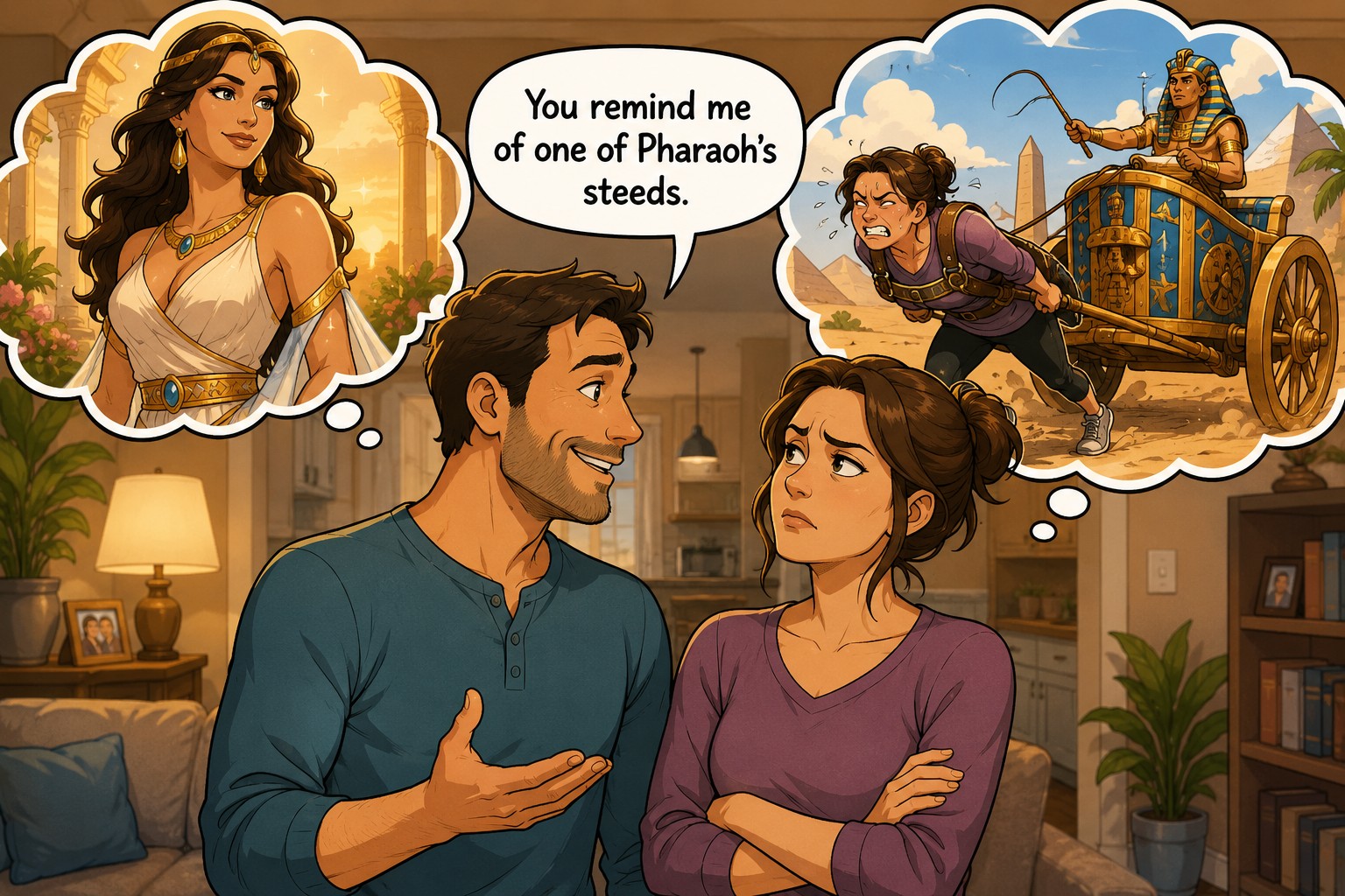 A modern husband tells his wife she reminds him of one of Pharaoh’s steeds; their thought bubbles show the ancient royal compliment and her modern interpretation.