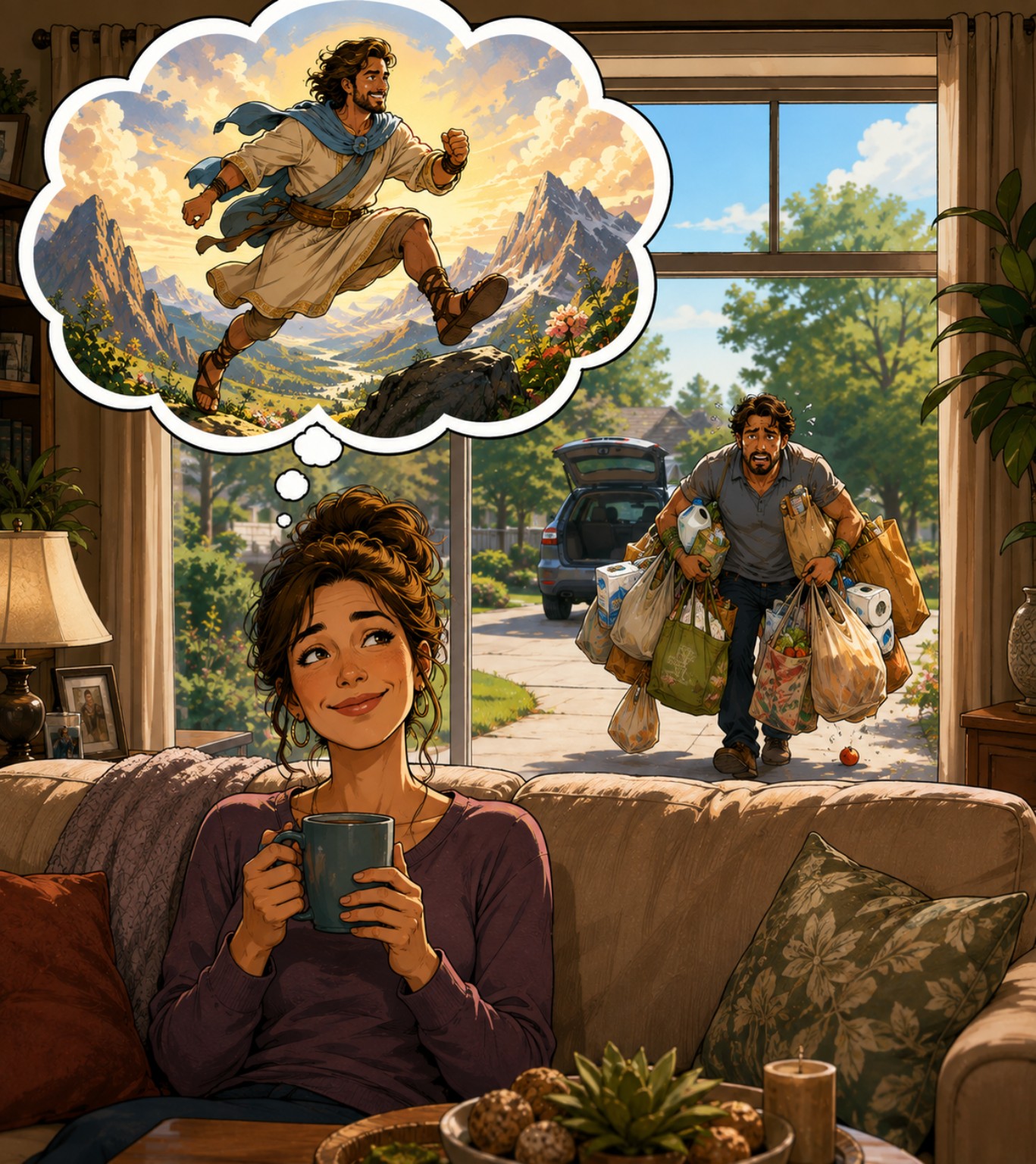 A wife imagines her beloved bounding over mountains while he actually struggles toward the house carrying every grocery bag in one trip.