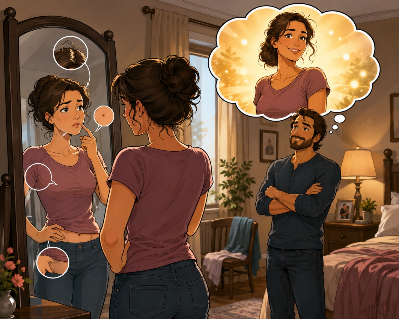 A wife studies perceived imperfections in the mirror while her husband looks at her and imagines her radiant and beautiful.