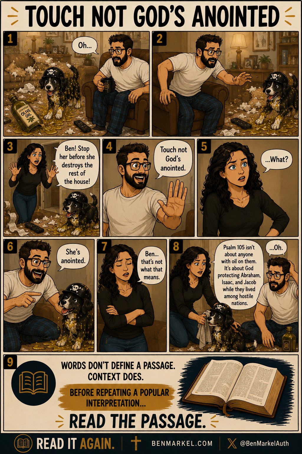 Touch Not God’s Anointed comic showing Mika covered in olive oil and explaining Psalm 105 in context.